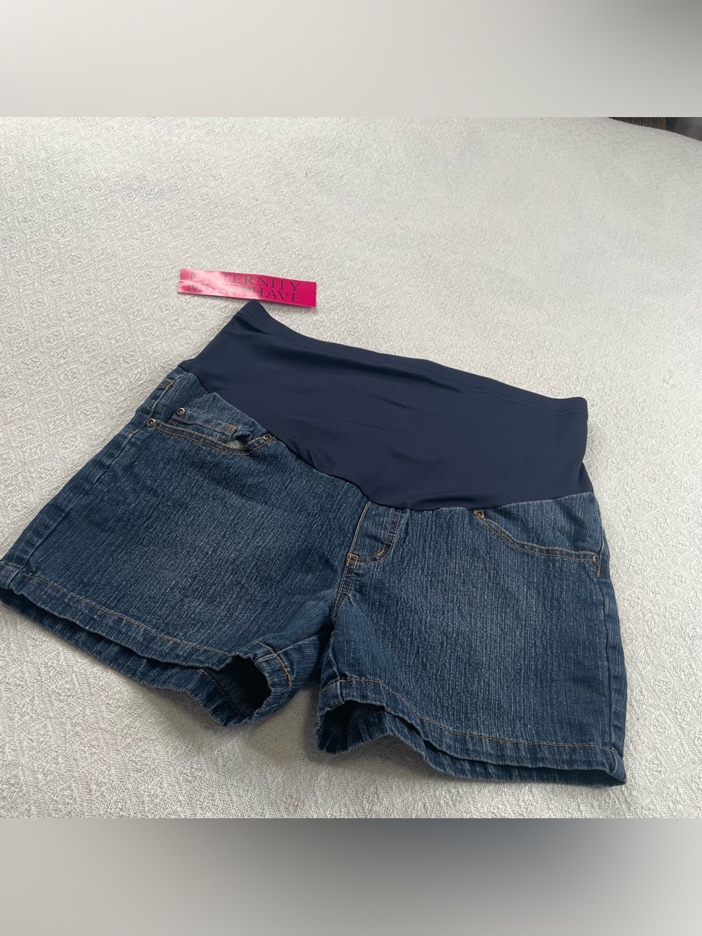 Maternity High-Waist Denim‎ Shorts with Navy Stretch Panel~ Size Medium